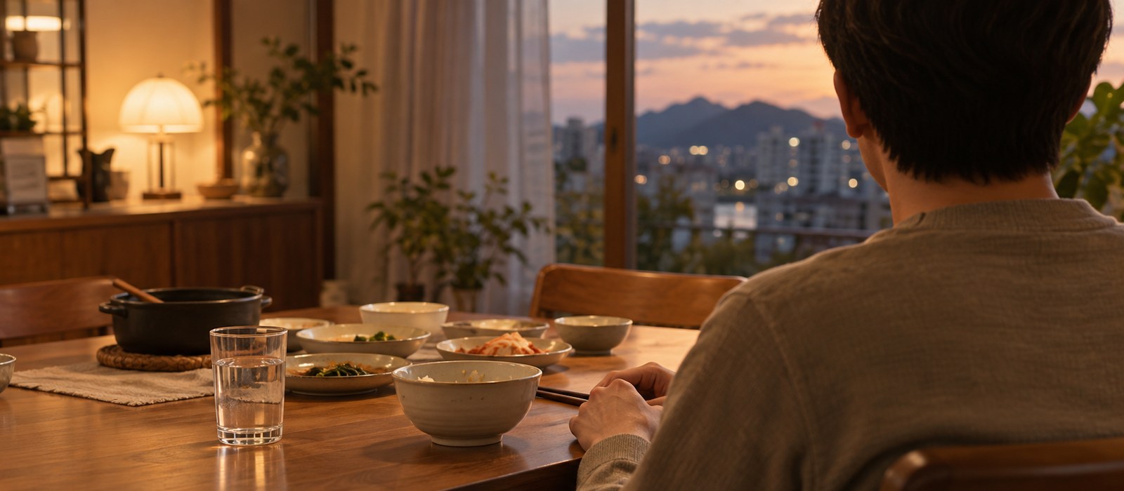 저녁 식사 후 식탁에 앉아 있는 사람의 뒷모습